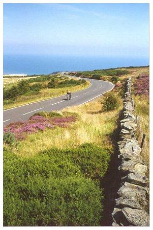 A motorcyclist speeds up the scenic mountain road - no speed limits to worry about here!